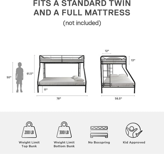DHP Dusty Metal Bunk Bed with Secured Ladders, Twin/Full, Black