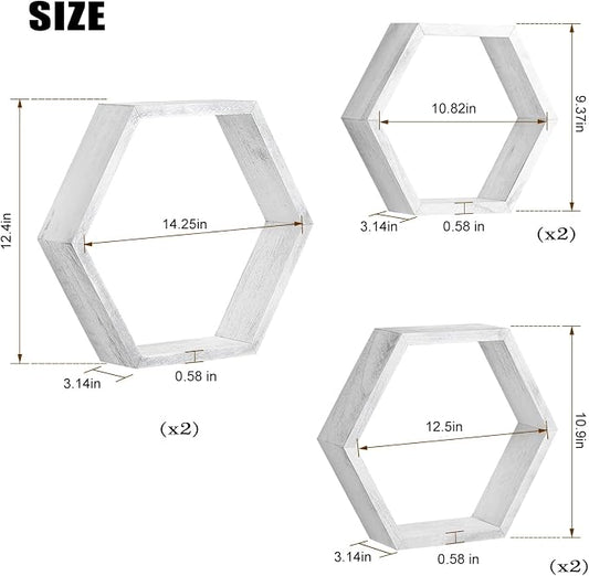 Hexagon Floating Shelves Set of 6, Wall Mounted Wood, Grey | Honeycomb Shelves, Wood Farmhouse Storage, for Wall Decor, Hanging Shelves, for Bedroom Living Room Nursery, Free Combination