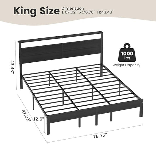 King Size Bed Frame with LED Lights & Charging Station, Black Metal Platform Bed with Wood Headboard and Sturdy Slats, No Box Spring Needed
