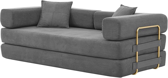 4-in-1 Folding Convertible Sofa Bed, 78 Inch Boneless Couch with Fixed-Shape Frame, Corduroy Loveseat Sleeper with Pull Out Bed, Floor Sofa Modular Futon Couch for Living Room Bedroom Lounge (Grey)
