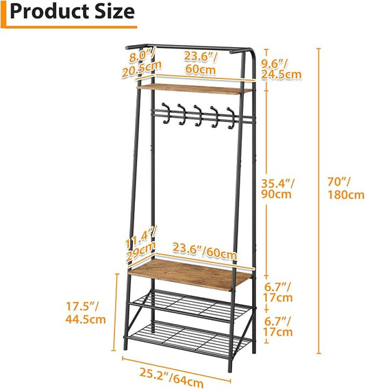 Jojoka Coat Rack Hall Tree with Shoe Storage Bench, 4-in-1 Entryway Organizer with 10 Hooks & 3-Tier Shoe Rack, Sturdy Metal Frame Freestanding Storage Unit for Hallway, Front Door & Mudroom