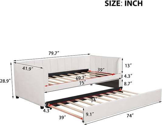 Merax Twin Daybed with Trundle, Upholstered Wooden Sofa Bed Frame with Simple Line Design, Beige