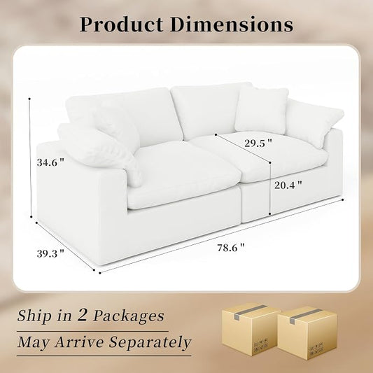 Modular Sectional Sofa Cloud Couch,78.6" Down Filled Comfy Cloud Modern Sofa,2 Seater with White Linen Couch Cushion Covers Removable Furniture for Living Room