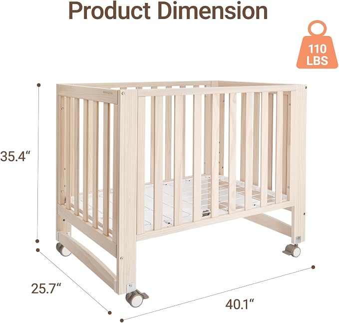 MAMAZING EvoNest 6-in-1 Convertible Baby Mini Crib with Wheels | GREENGUARD Gold Certified, New Zealand Pine Wood, 4 Adjustable Heights, Rocking Mode, Small Spaces Design, Washed Natural