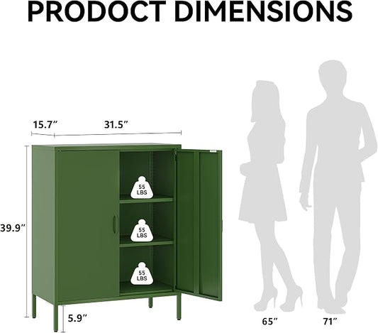COFaR Forest Green Metal Cabinet, 40” Kitchen Pantry & Coffee Bar Cabinet, 3-Tier Adjustable Shelf Organizer with Magnetic Doors, Rustic Modern Sideboard for Dining Room, Home Office