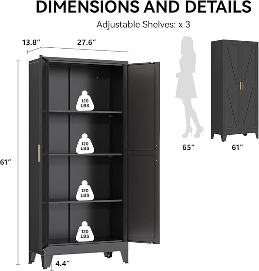 COFaR 61" Metal Pantry Cabinet in Black, Modern Storage Cabinet with Adjustable Shelves, Sturdy Metal Cupboard for Kitchen, Office, Living Room & Bathroom Organization