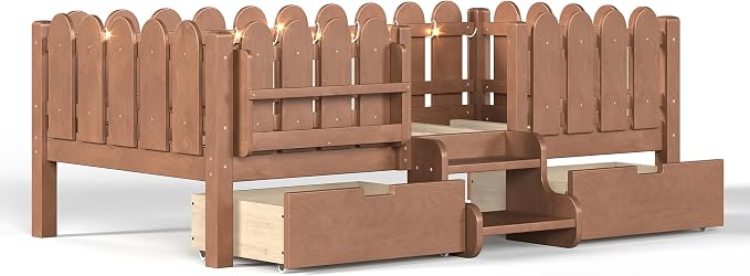 Bellemave Twin Kids Montessori Bed with Stairs, Bookshelf and LED Lights, Solid Wood Kids Bed Frame with Storage Drawers for Boys Girls, Low Profile,Deep Natural