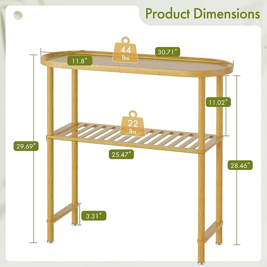 Small Entryway Table Bamboo 30.7", Narrow Hallway Table Oval Top 2-tier, Slim Console Table with Anti-fall Edge, Sofa Side Table 5min Easy Assembly, Small TV Stand for Bedroom, Indoor Plant Stand