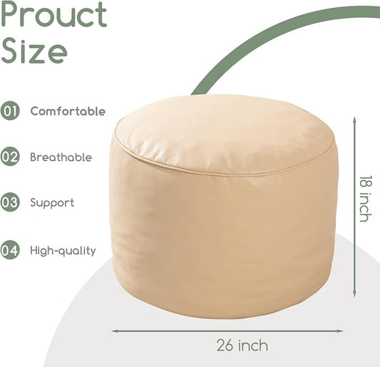 HIGOGOGO Round Stuffed Pouf Ottoman, Pu Leather Poufs with Foam Chunk Filling, Furry and Fluffy Pouf Foot Stool Storage Ottoman, 26 X 18 Floor Poufs Foot Rest for Living Room, Beige