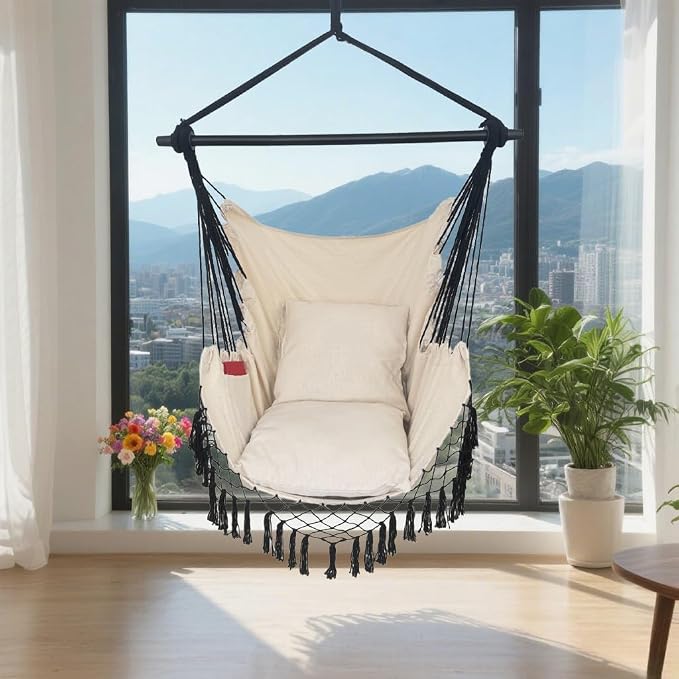 Hammock Chair Hanging Rope Swing Chair,Max 450 Lbs, Large Hanging Chair with Pocket, 2 Cushions, Removable Steel Bar, Hardware Kit Included, Sturdy and Comfortable for Indoor Outdoor (Beige)