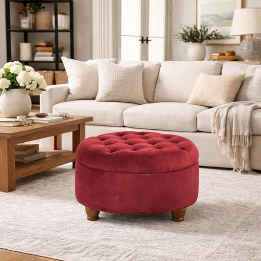 Homepop Home Decor |N8264-B119 | Large Button Tufted Velvet Round Storage Ottoman | Ottoman with Storage for Living Room & Bedroom, Berry