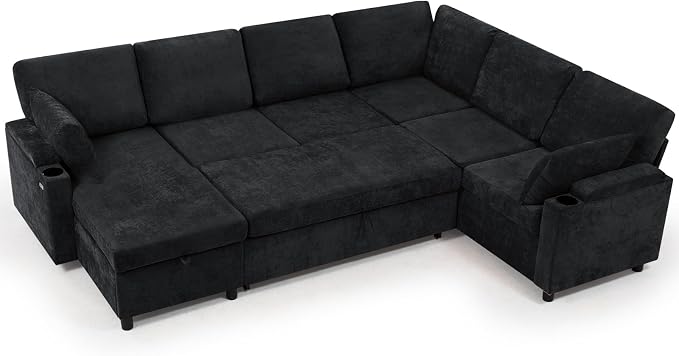 110" Chenille Sectional Sofa w/Pull Out Bed & Storage Chaise, Black | Reversible U Shape Sofa w/Storage Armrests & Cup Holders, Corner Couch w/USB Charging Port & Throw Pillows for Living Room
