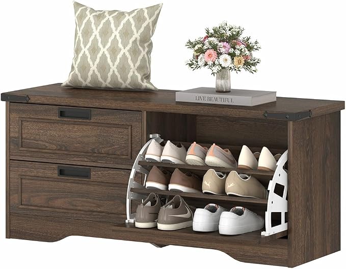 FATORRI Bench with Shoe Storage for Entryway, Wooden Shoe Benches with Flip Door and Drawers, Entry Way Shoes Organizer Cabinet for Living Room Mudroom (Dark Walnut)