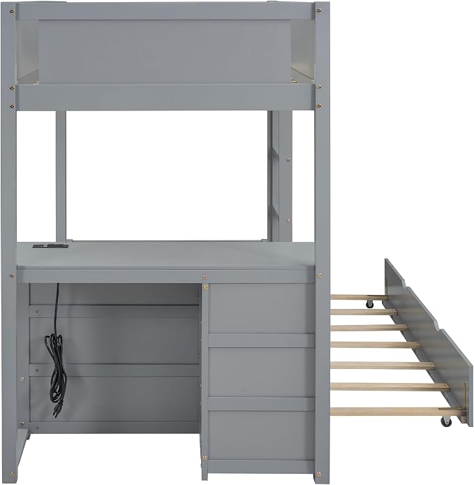 Harper & Bright Designs Twin Over Twin Bunk Bed Twin Size Trundle, Wood Twin Bunk Bed with USB Ports, Storage and Desk, Gray