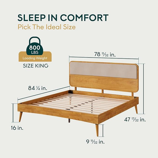 Bme Calista King Size Bed Frame – Solid Wood Platform Bed with Upholstered Headboard, Teak Brown Finish, Mid-Century Modern Style with Sturdy Slats & Tapered Legs, No Box Spring Needed
