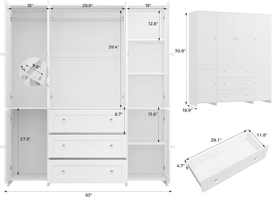 VOWNER Armoire Wardrobe Closet with Drawers and Mirror, 71" Clothing Storage Cabinet with Hanging Rod, 6 Doors Wooden Wardrobe Cabinet for Bedroom, Large Capacity Storage