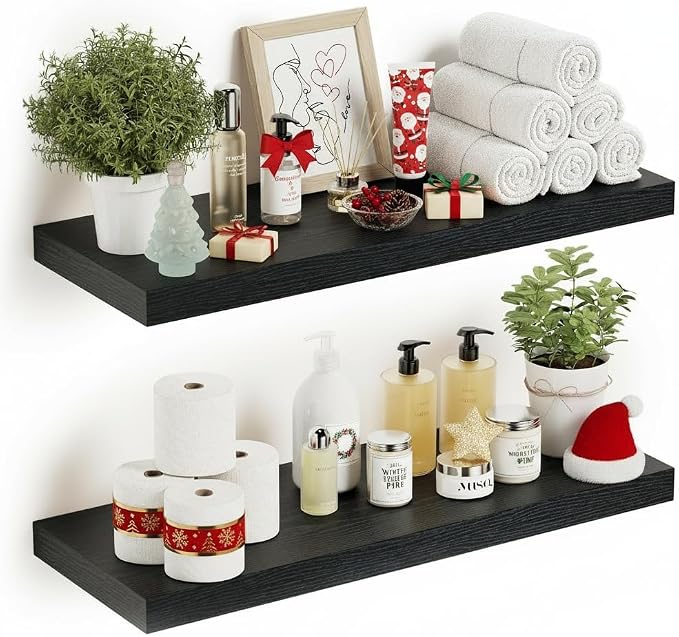 Vivelove Black Floating Shelves for Wall Mounted, 24 inchs x 9.1” Deep x 1.6” Thick Wall Shelves for Bedroom, Living Room, Bathroom,Kitchen, Office, Home Decor Shelf with Invisible Bracket - Set of 2