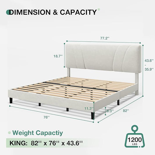 Novilla King Bed Frame and Headboard, King Bed Frame, Velvet Upholstered Bed Frames, No Box Spring Needed, Heavy Duty Feet, Easy Assembly, White Velvet