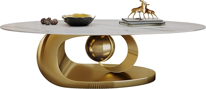 Modern Oval Stone Coffee Table with Gold Metal Base - Scratch-Resistant Rock Slab Top, Aviation-Grade Design - Stylish & Durable Centerpiece for Living Rooms (49.2"x27.6"x15.8").