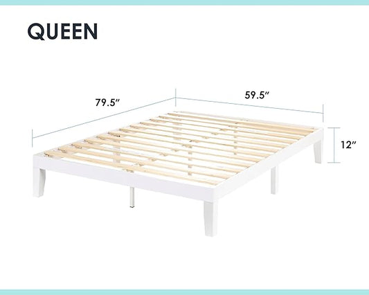 Mellow Naturalista Classic 12 Inch Solid Wood Platform Bed with Wooden Slats, Queen, White
