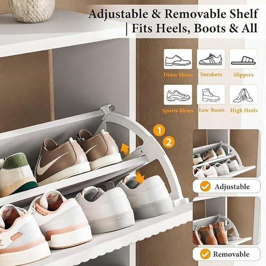 Nicetree White Shoe Cabinet for Entryway, 4 Flip Drawers Shoe Storage Cabinet with Tiered Fluted Design, Slim Narrow Shoe Rack for Small Spaces, 9.5" Deep Shoe Organizer with Metal Legs
