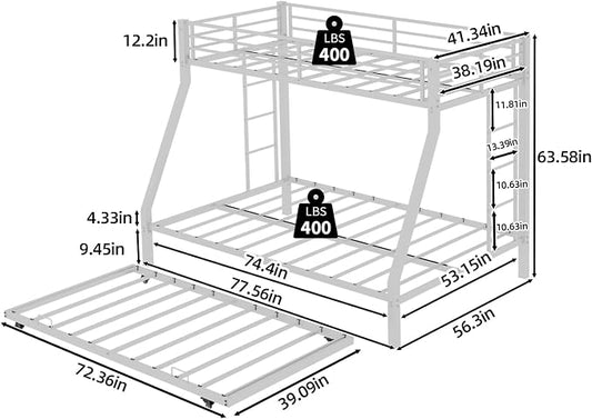 Metal Bunk Bed with Trundle, Space-Saving Bunk Bed Twin Over Full with Ladders and Safety Guardrail, Heavy Duty Twin Bed Frames, No Box Spring Needed and Noise Free(White)