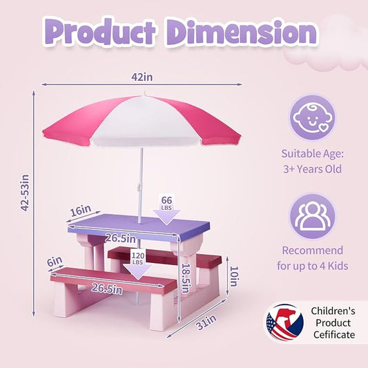 Picnic Table, Plastic Outdoor Table & Bench Set with Umbrella, Patio Furniture Set for Backyard Garden, Picnic Tables for Outdoors (Pink & Purple)