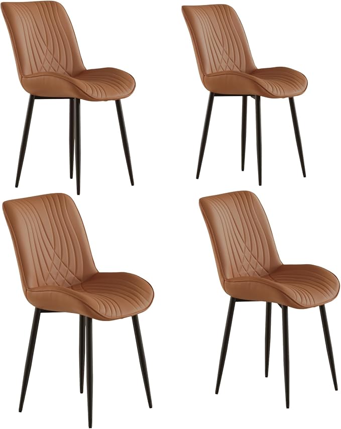 VECELO Dining Chairs Set of 4, Modern Upholstered Faux Leather Cushion Seat and Metal Legs for Kitchen, Living Room, Vintage Cognac Brown