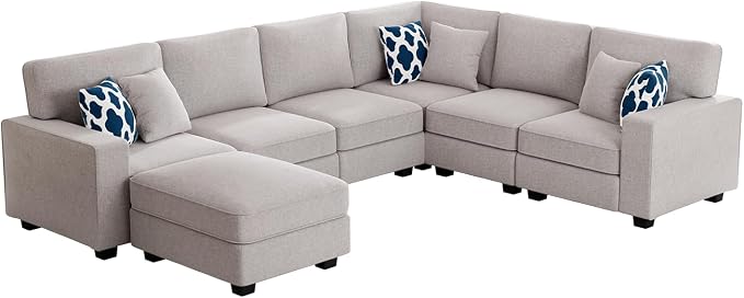 Legend Vansen Oversized Modular Sectional Sofa,U/L‑Shaped Reversible Couch with Ottoman,Deep Seat Plush Polyester Sofa for Living Room,7‑Seater,Light Grey