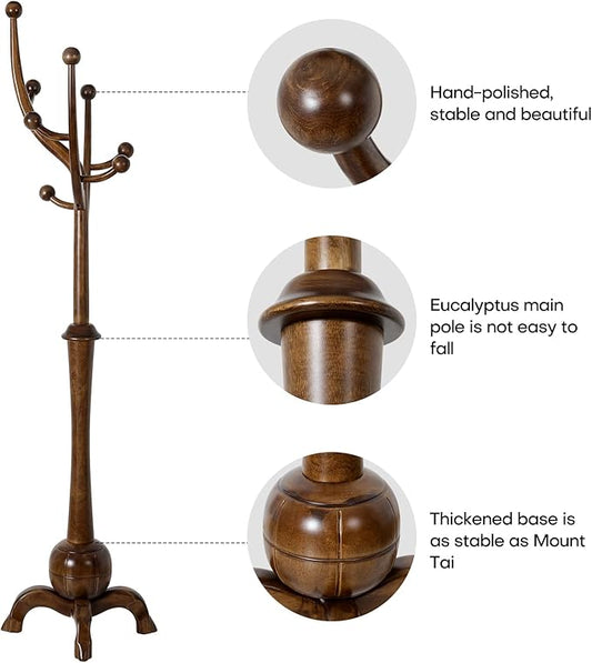 Coat Rack Freestanding Wood Coat Tree Rack with 8 Hooks, Creative Design Tree Branch-look, Standing Coat Rack Clothes Hanger Stand with Stury Base for Entryway, Hallway, Bedroom - Load 160lb (Walnut)