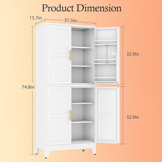 White Kitchen Pantry Storage Cabinet, 75" Metal Storage Cabinet | Steel Storage with Doors and 3 Adjustable Shelves, Metal Freestanding Buffet Cupboards Sideboard, for Office, Home, School