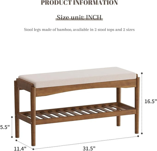 STDDRE Shoe Bench Entryway Bamboo 2-Tier Shoe Rack with Cushion Padded Seat Shoe Bench Organizer Stable for Entry, Hallway, Living Room, Bedroom, Closet (31.5 * 11.4 * 16.5IN, Brown-Beige)