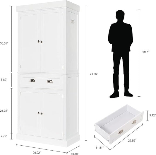 VINGLI 71-Inch White Storage Cabinets with Drawers, Freestanding Pantry Cabinets with Doors and Shelves Adjustable, Wood Farmhouse Kitchen Pantry Cupboard