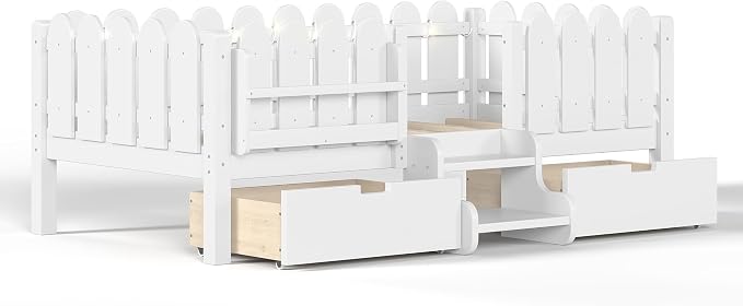 Bellemave Twin Kids Montessori Bed with Stairs, Bookshelf and LED Lights, Solid Wood Kids Bed Frame with Storage Drawers for Boys Girls, Low Profile,White