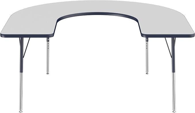 FDP Horseshoe Activity School and Office Table (60 x 66 inch), Standard Legs with Swivel Glides for Collaborative Seating Environments, Adjustable Height 19-30 inches - Gray Top and Navy Edge