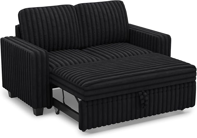 Belffin Corduroy Sectional Sleeper Sofa with Pull Out Bed Modular Sectional Loveseat Sofa Bed for Living Room Black Couch
