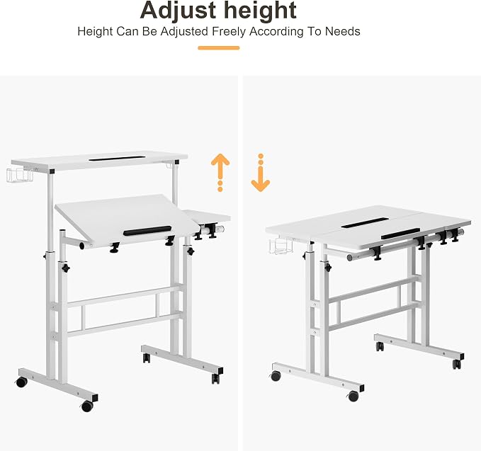 SogesHome 31.5 inch Mobile Standing Desk Adjustable Computer Desk Rolling Laptop Cart Portable Laptop Stand on Wheels Home Office Workstation with Cup Holder,Headphone Holder, Upgrade White