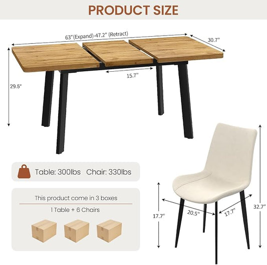 Extendable Dining Table Set for 4 to 8 People, 47.2" to 63" Modern Kitchen Table Set with 6 Leather Chairs, MDF Dining Room Table and Chairs with Removable Extension Leaf (Walnut Table+White Chairs)