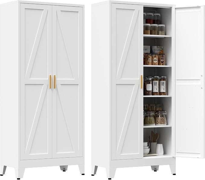 71" Tall Metal Pantry Cabinet, Kitchen Storage Cabinet with 2 Doors and 4 Adjustable Shelves for Kitchen, Living Room, Dining Room, Bathroom and Home, Office (White, 1PC)