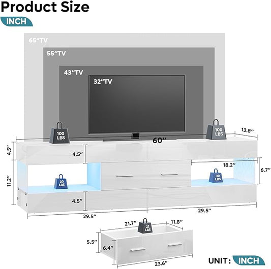 Bestier TV Stand for 55/60/65 Inch TV, High Gloss Modern TV Stand with Stone-Patterned Side Panels, LED Entertainment Center with Large Drawer, TV Consoles for Living Room, Bedroom, Glossy White
