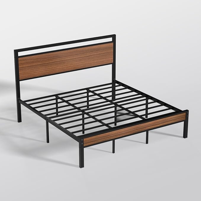 Z-hom King Metal Bed Frame with Wooden Headboard and Footboard, Heavy Duty Platform Frame with Metal Slats, No Box Spring Needed, Quiet and Non-Slip Design, Space Saving Bed Frame for Bedroom,Walnut