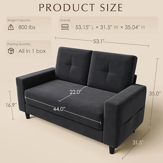 Loveseat Sofa丨53 inch Love Seat Small Couch for Small Space 丨7.5” Thick Seat Cushion Sofas for Bedroom丨Chenille Mini Couch for Apartment Dark Grey