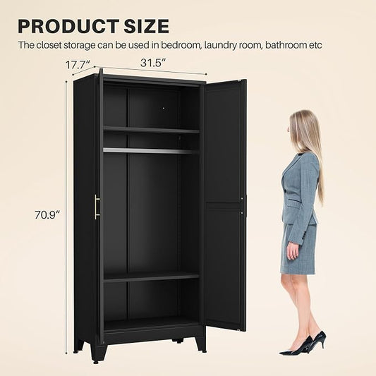 winiowa Metal Armoire Wardrobe Closet with 2 Mirror Doors, 71" Wardrobe Cabinet with Adjustable Shelves and Hanging Rod, Clothing Storage Cabinet Closet with Mirror for Bedroom-Black
