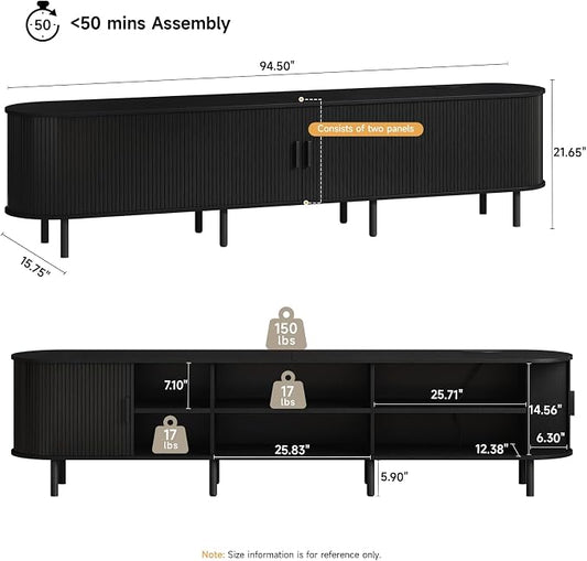 ONBRILL 94.5" TV Stand with Power Outlet for TVs up to 102 Inch, Entertainment Center with Storage and Adjustable Shelves, Modern Media Console with Sliding Doors for Living Room, Black