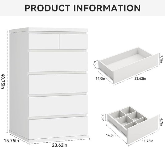 Jocoevol White Tall 6 Drawer Dresser for Bedroom,Dressers & Chests of Drawers with Jewelry Storage,Wood Storage Dresser with Deep Drawers for Living Room Hallway Entryway(40.75" L*23.62" W*15.75")