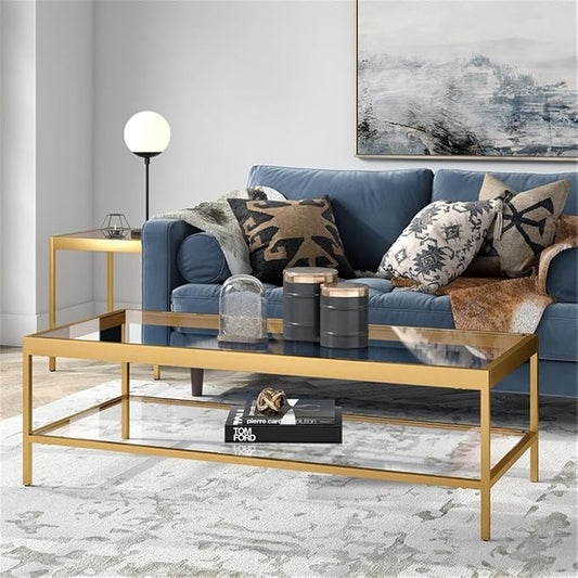 Henn&Hart 54" Wide Rectangular Coffee Table in Brass, Modern coffee tables for living room, studio apartment essentials | Open lower shelf adds practical storage while the glass design keeps spaces feeling bright