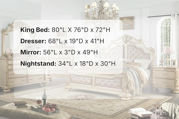 First of a Kind Miranda Gold Finish Traditional 4 Piece King Bedroom Set with Upholstered Tufted Headboard Ornate European Inspired Design Coordinated Furniture Collection