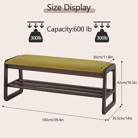 Achicsofar Shoe Rack Bench,2 Tier Solid Wooden Entryway Bench with Shoe Storage, Shoe Rack with Cushion for Living Room, Hallway(Olive Green, 39.4")