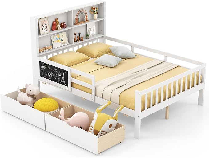 Giantex Full Bed with 2 Storage Drawers, Solid Wood Kids Bed Frame w/Bookcase Headboard & Blackboard, Full-Length Guardrails & Wooden Slats Support, Full Size Bed Frame for Kids Boys Girls, White