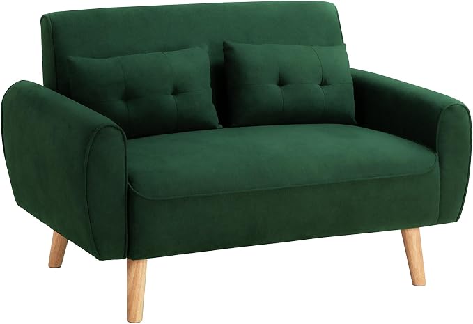 Shintenchi 48'' Loveseat Sofa, Mid-Century Modern Upholstered Couch Deep Seat with 2 Pillows, 10" Thick Cushion with Spring, Solid Wood Frame Small Couch for Living Room, Dorms & Office, Green